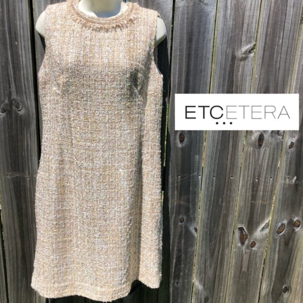 Etcetera 10 Tweed Woven Textured Gold Dress Medium Knee Length Sleeveless Chain